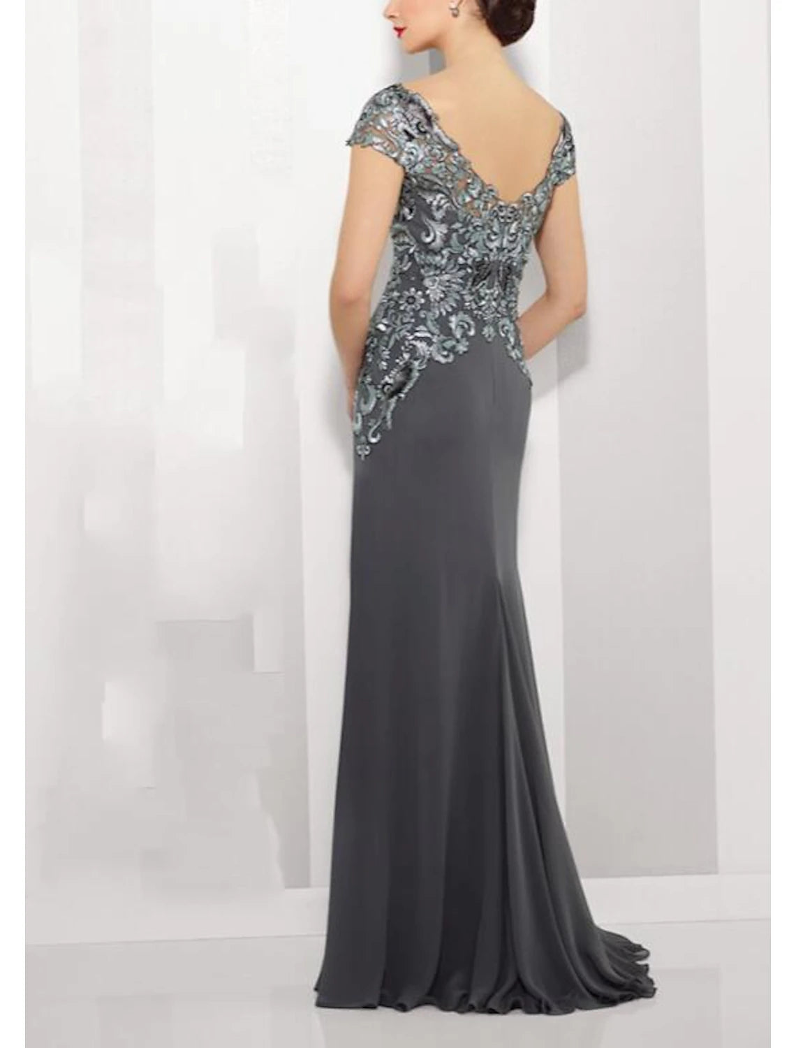 Abito da madre della sposa a trapezio, elegante, con scollo gioiello, lunghezza pavimento, in chiffon, pizzo, maniche corte con applicazioni in pizzo